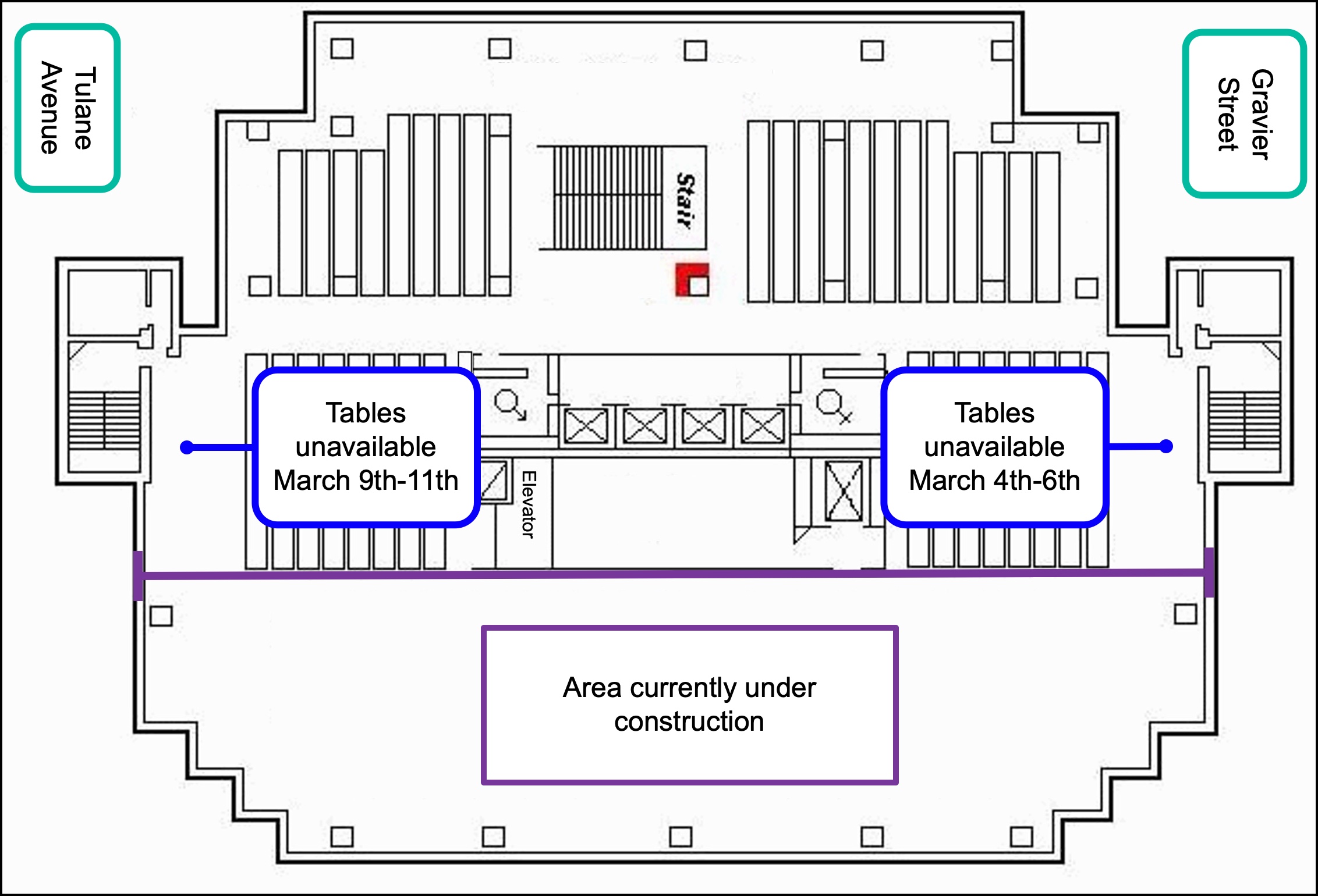 Drawing of a floorplan of a library marking the left side as affected by construction on March 4-6, 2026, and the left side affected by construction on March 9-11, 2026