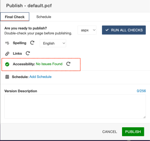 Screenshot of Accessibility Check Passing with Publish button available